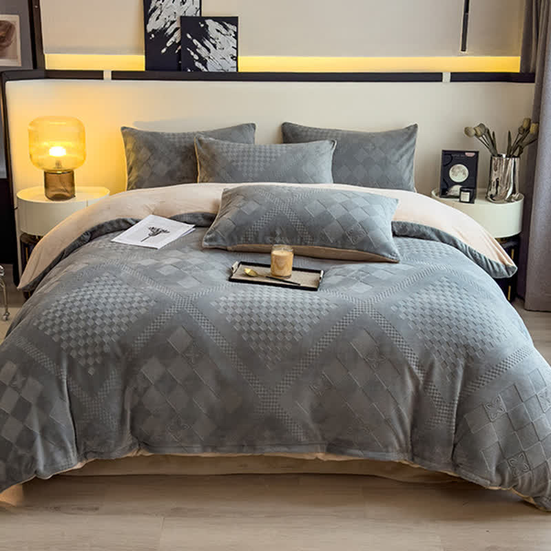 Parure de lit chaude avec structure à carreaux en losanges - Gris - ensemble de literie - 220 cm x 240 cm - image 12