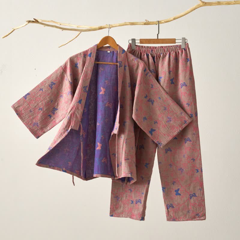 Ensemble de vêtements d'intérieur kimono en gaze de coton avec motif papillon - Brun - XL - image 4