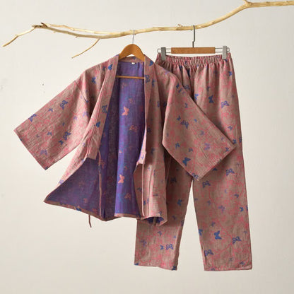 Ensemble de vêtements d'intérieur kimono en gaze de coton avec motif papillon - Brun - XL - image 4
