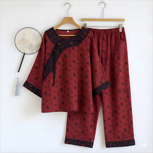 Pyjama en coton à feuilles de ginkgo avec pompon oriental - image 0