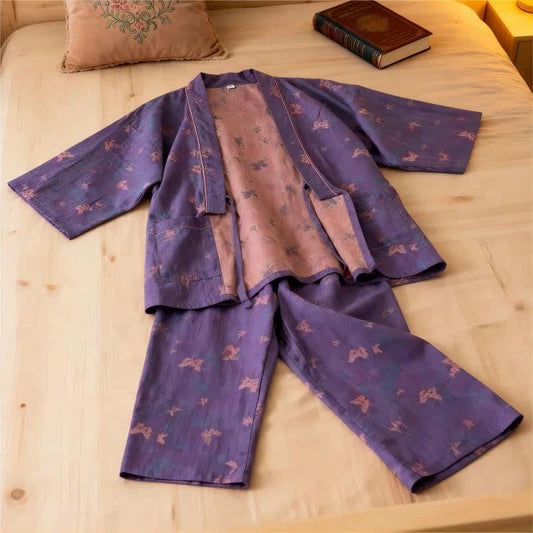 Ensemble de vêtements d'intérieur kimono en gaze de coton avec motif papillon - image 0