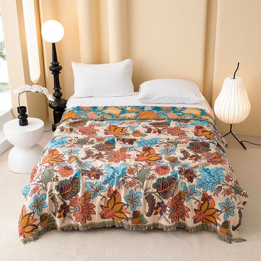 Couette en coton avec feuilles tropicales et pompons floraux - 200 cm x 230 cm - image 0