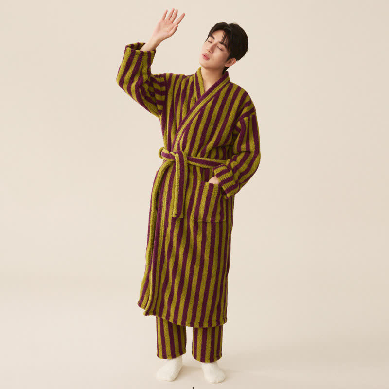 Peignoir long d'hiver en polaire à rayures modernes - Peignoir avec pantalon - Vert et violet - XXL pour hommes - image 8