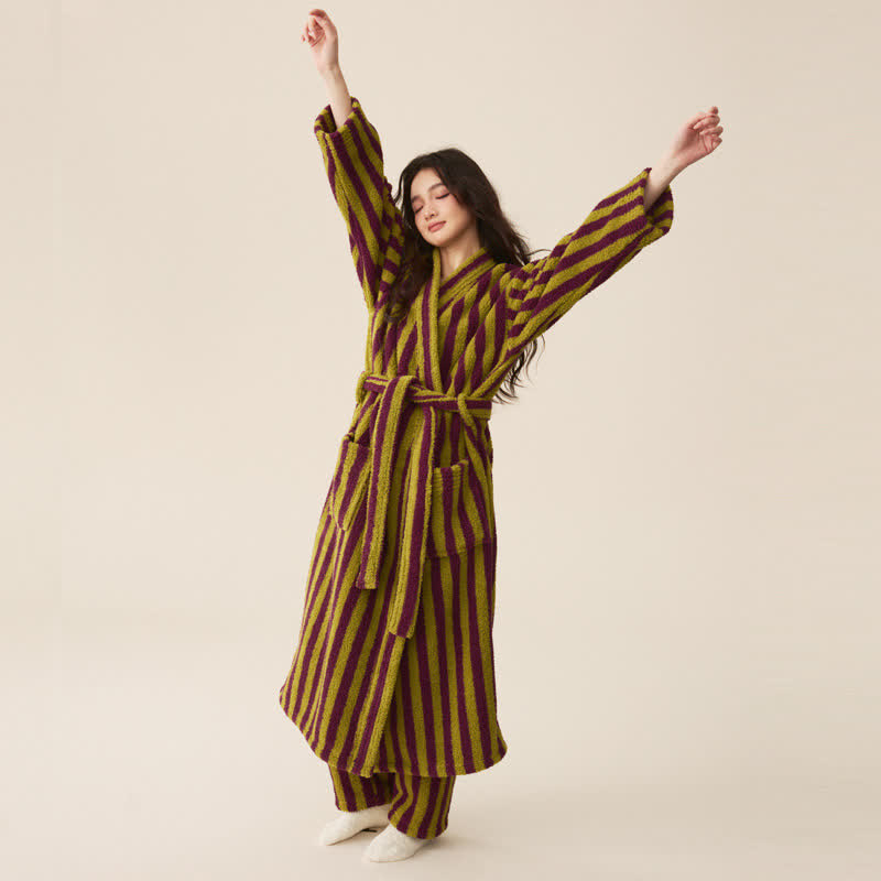 Peignoir long d'hiver en polaire à rayures modernes - Peignoir avec pantalon - Vert et violet - XL femme - image 6