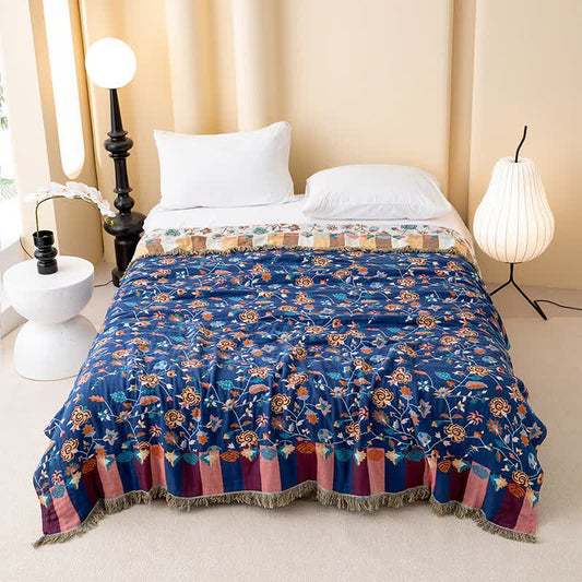 Couette rustique en gaze de coton à motif floral bleu - 200 cm x 230 cm - image 0