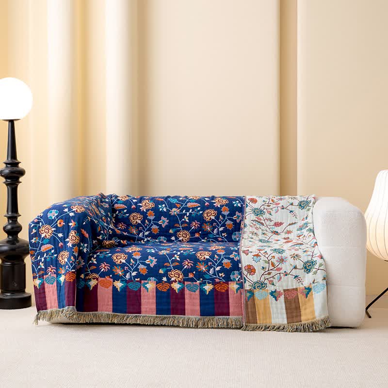 Couette rustique en gaze de coton à motif floral bleu - image 3