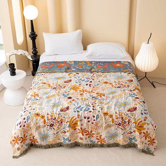 Couette cottage en gaze de coton à motif floral et pompons - 200 cm x 230 cm - image 0