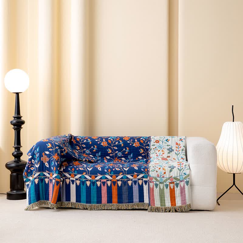 Couette réversible en coton avec motif floral vintage et pompons - image 3