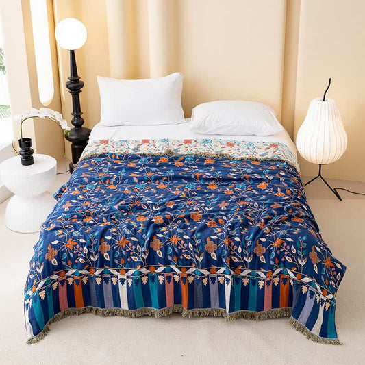 Couette réversible en coton avec motif floral vintage et pompons - 200 cm x 230 cm - image 0