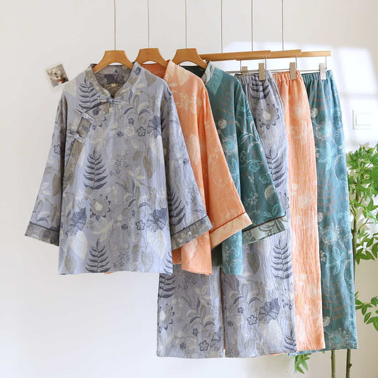 Ensemble pyjama d'inspiration orientale en gaze de coton à motif floral - image 0