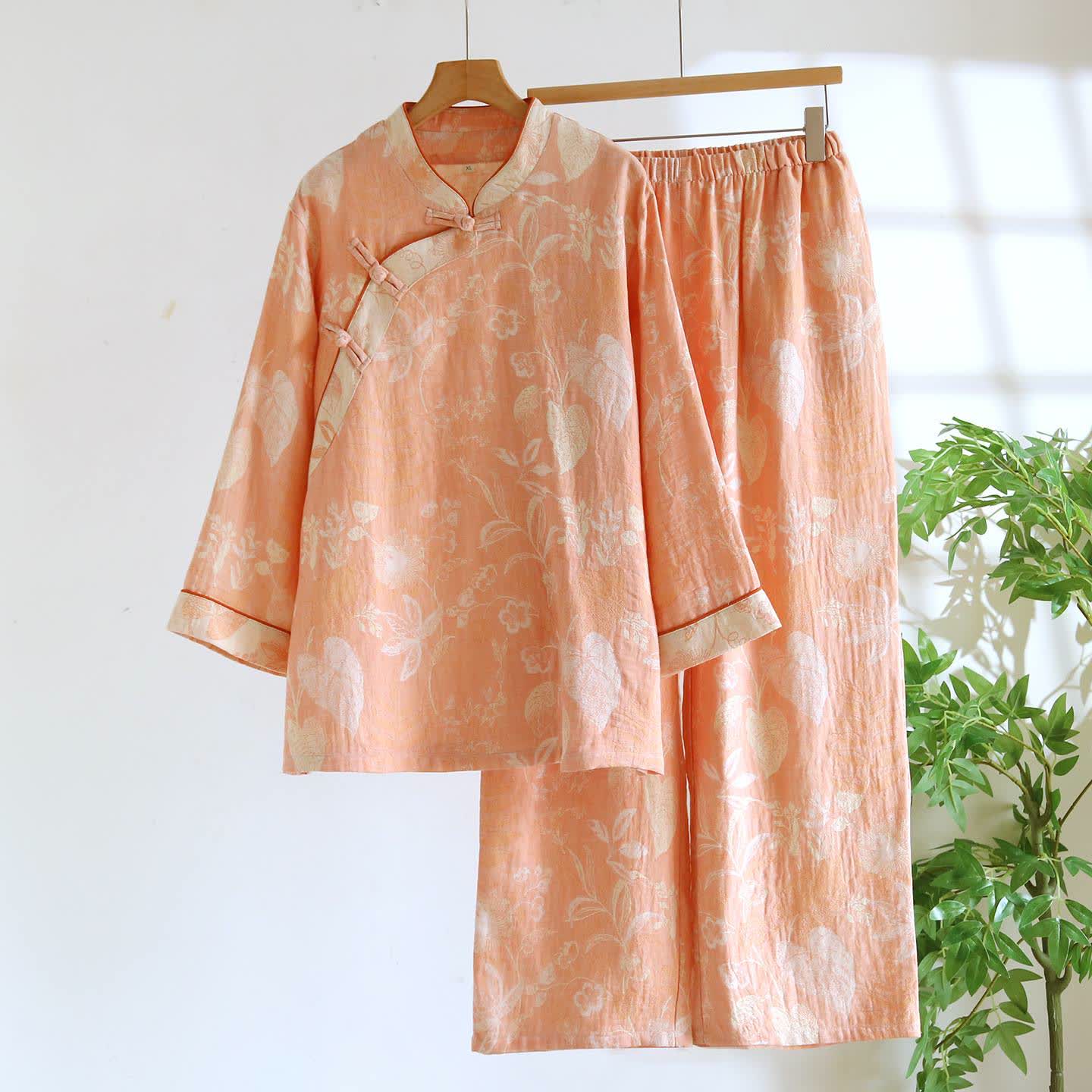 Ensemble pyjama d'inspiration orientale en gaze de coton à motif floral - Orange - XXL - image 1