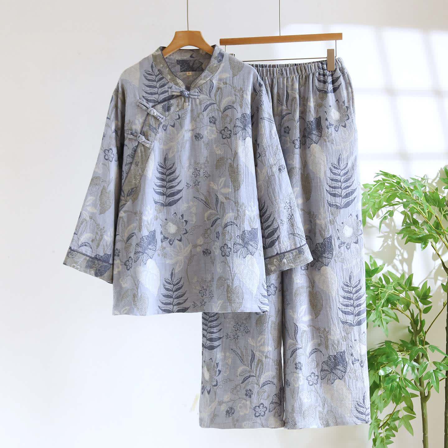 Ensemble pyjama d'inspiration orientale en gaze de coton à motif floral - Gris Bleu - XXL - image 2