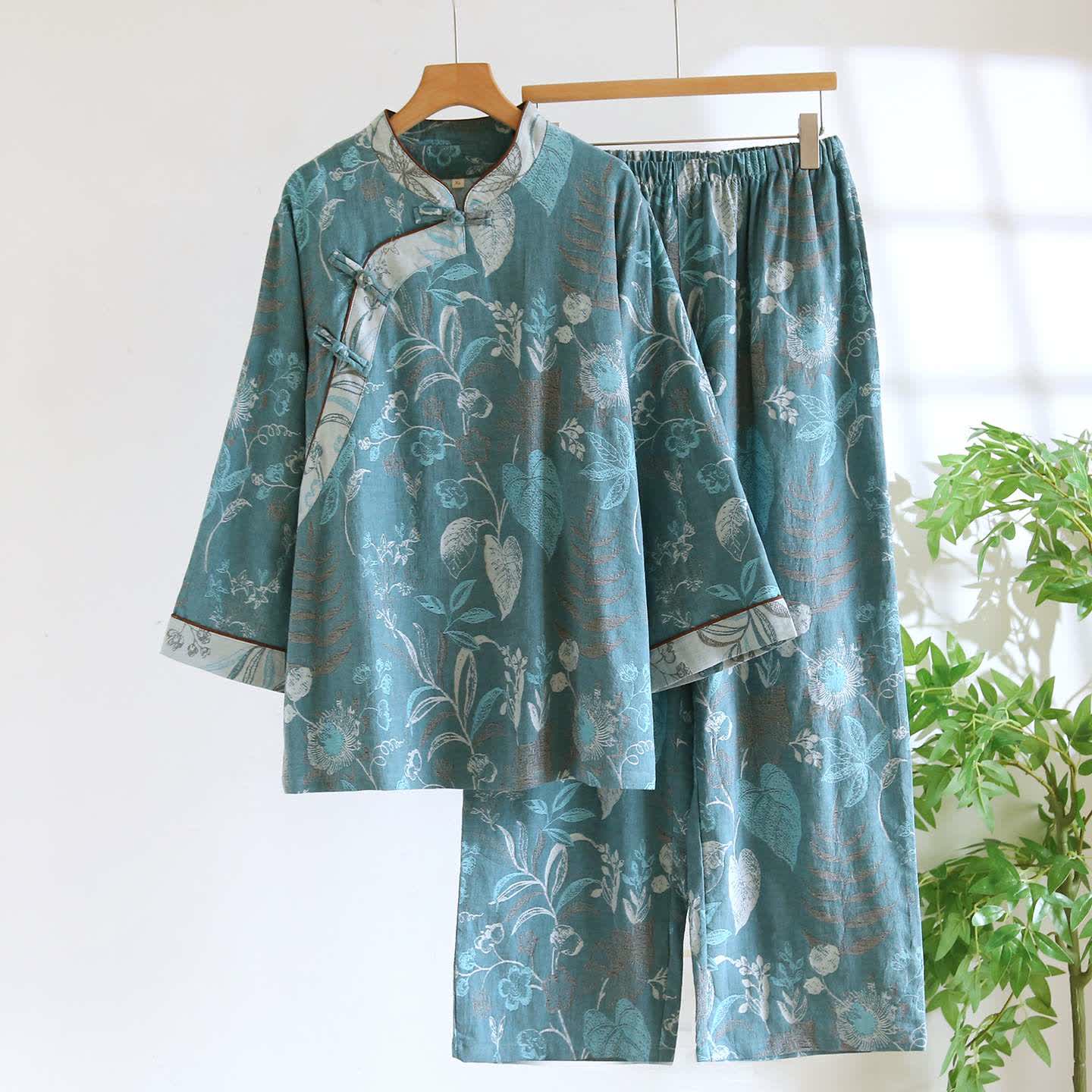 Ensemble pyjama d'inspiration orientale en gaze de coton à motif floral - Vert - XXL - image 13