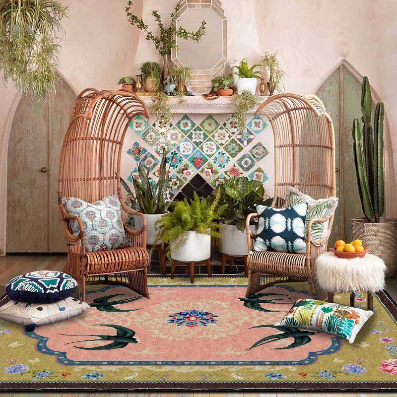 Tapis vintage antidérapant avec motif hirondelle orientale - 61" x 96" - image 0