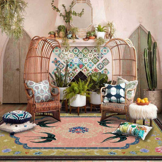 Tapis vintage antidérapant avec motif hirondelle orientale - 61" x 96" - image 0