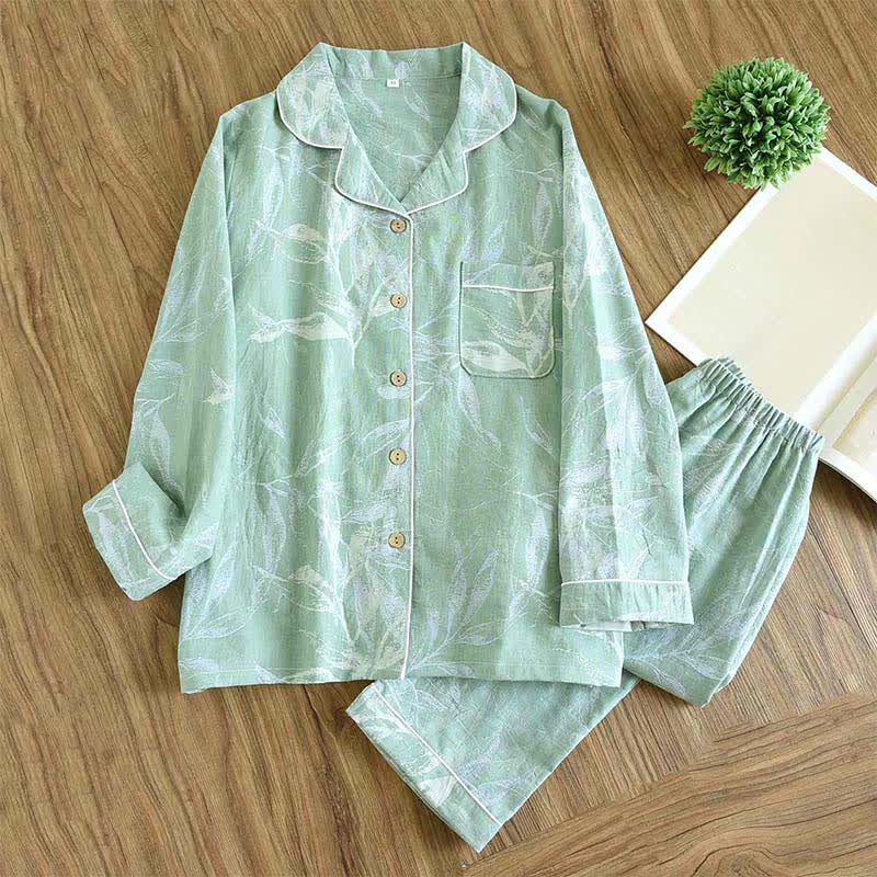 Ensemble pyjama en coton au motif de feuilles de bambou - Vert - XXL - image 4