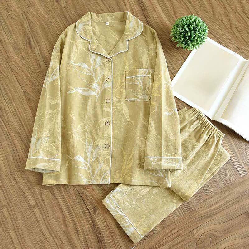 Ensemble pyjama en coton au motif de feuilles de bambou - Jaune - XXL - image 3