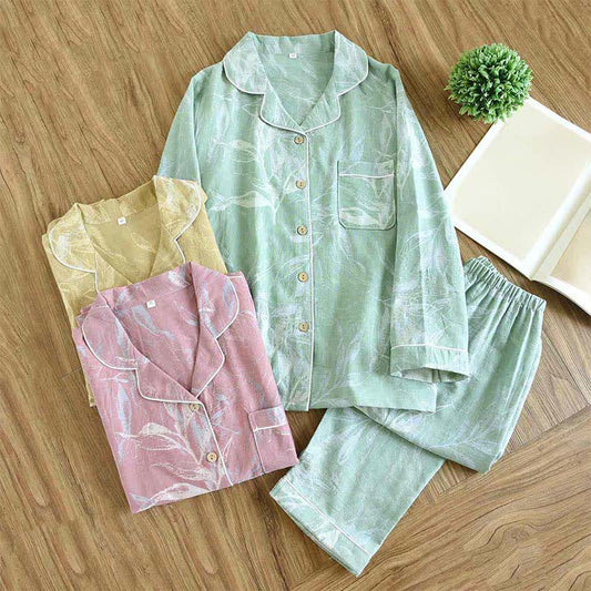 Ensemble pyjama en coton au motif de feuilles de bambou - image 0