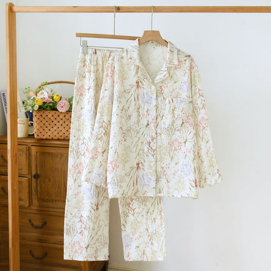 Ensemble pyjama en gaze de coton à motif floral discret - XL - image 0
