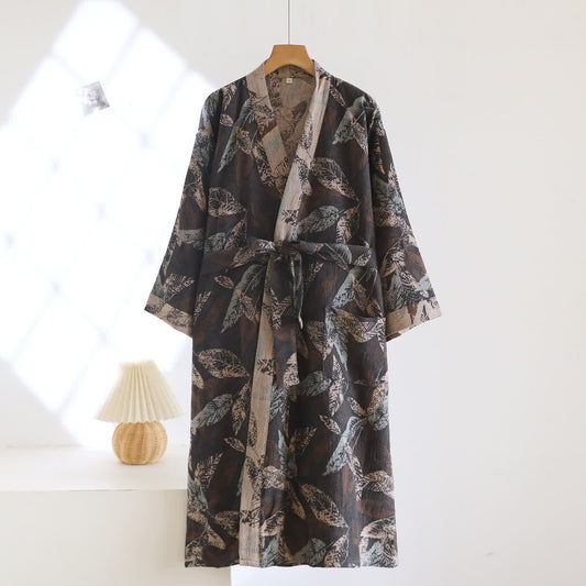 Peignoir en coton jacquard style kimono à motif feuilles - XL - image 0
