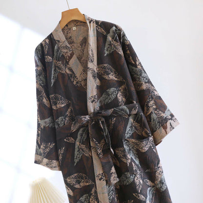 Peignoir en coton jacquard style kimono à motif feuilles - image 3