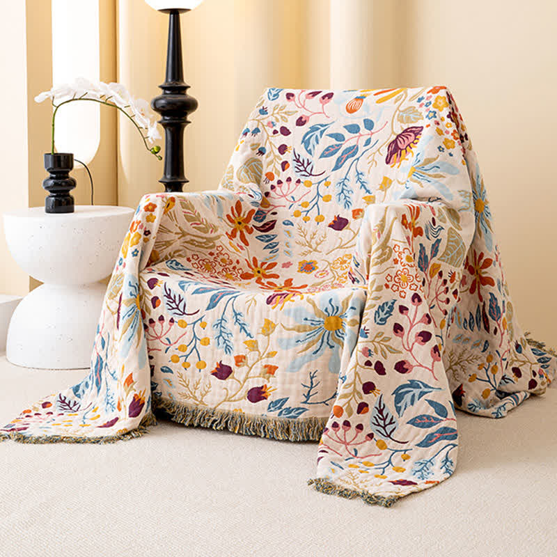 Couette cottage en gaze de coton à motif floral et pompons - image 1