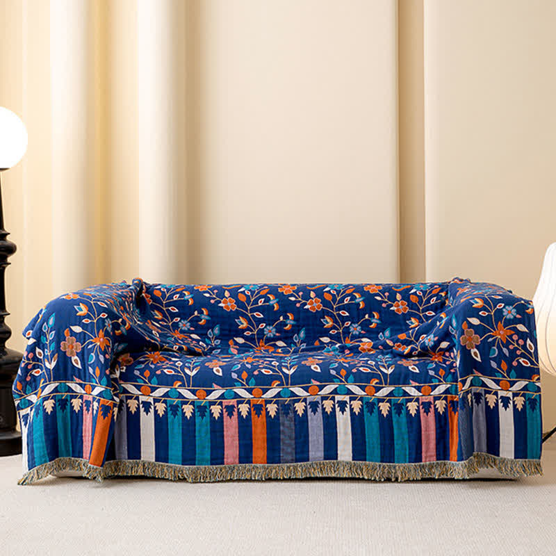 Couette réversible en coton avec motif floral vintage et pompons - image 2