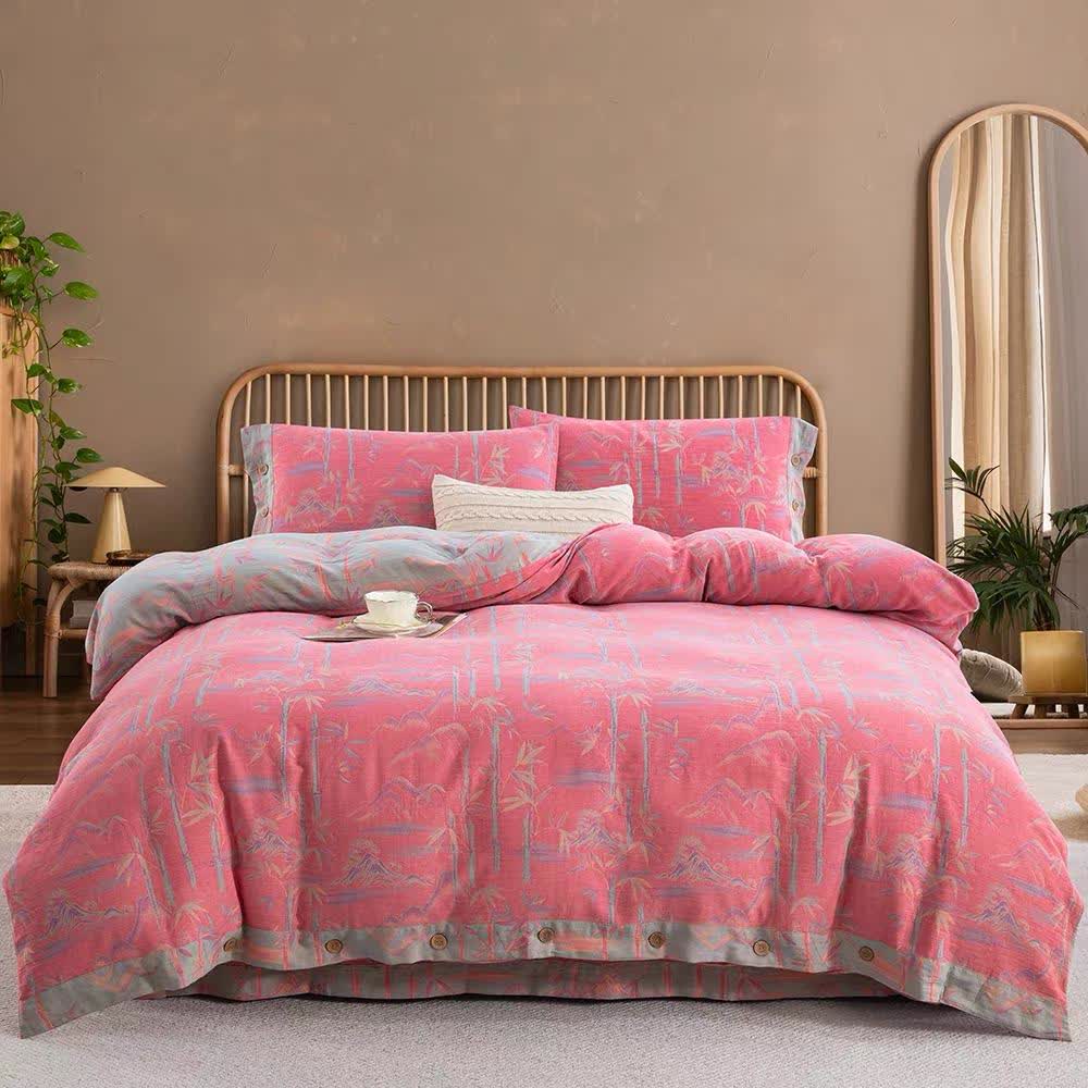 Parure de lit réversible en gaze de coton avec plantes de bambou (4 pièces) - Rose - 220 cm x 240 cm - image 17