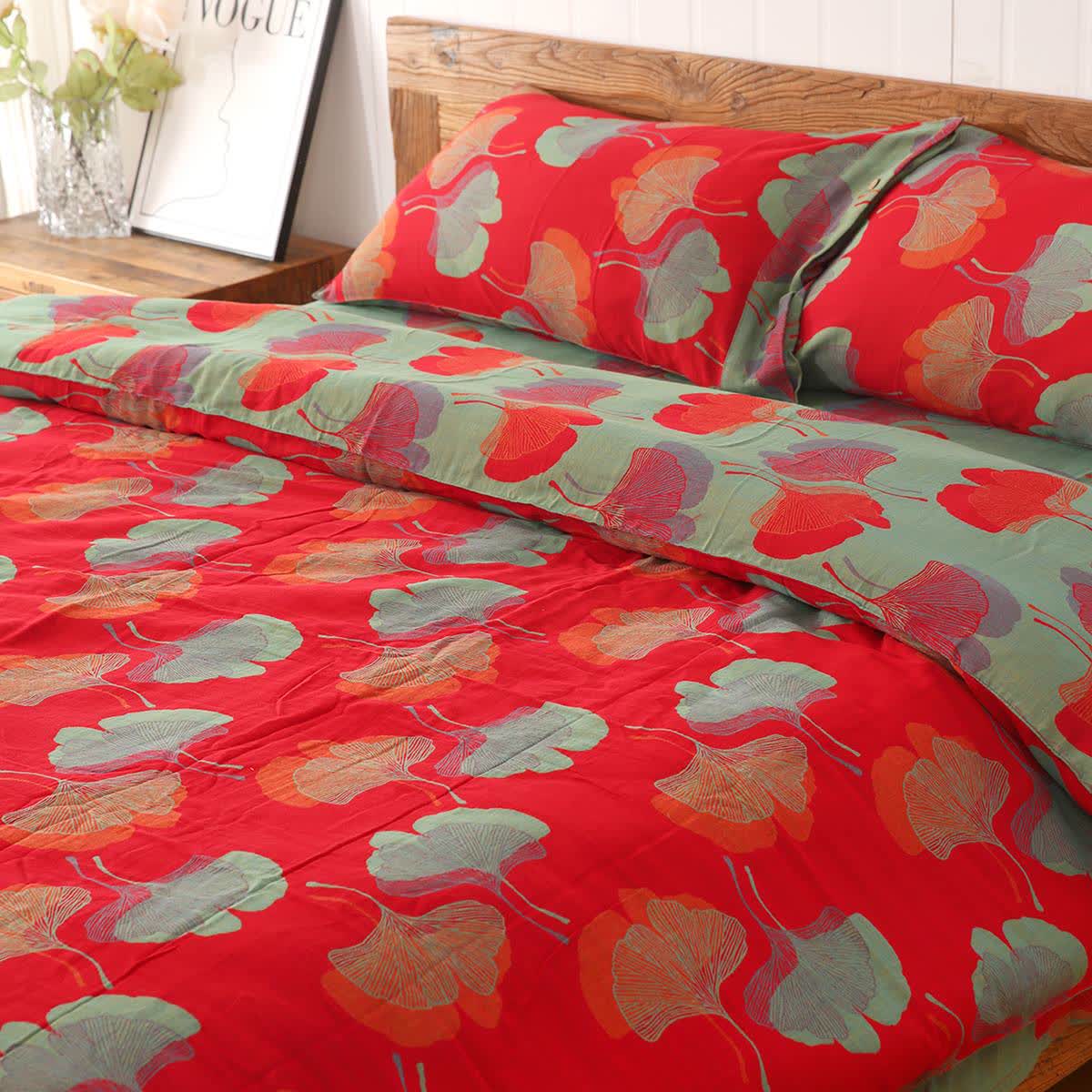 Parure de lit réversible en coton avec feuilles de ginkgo (4 pièces) - Rouge - ensemble de literie - 200 cm x 230 cm - image 3