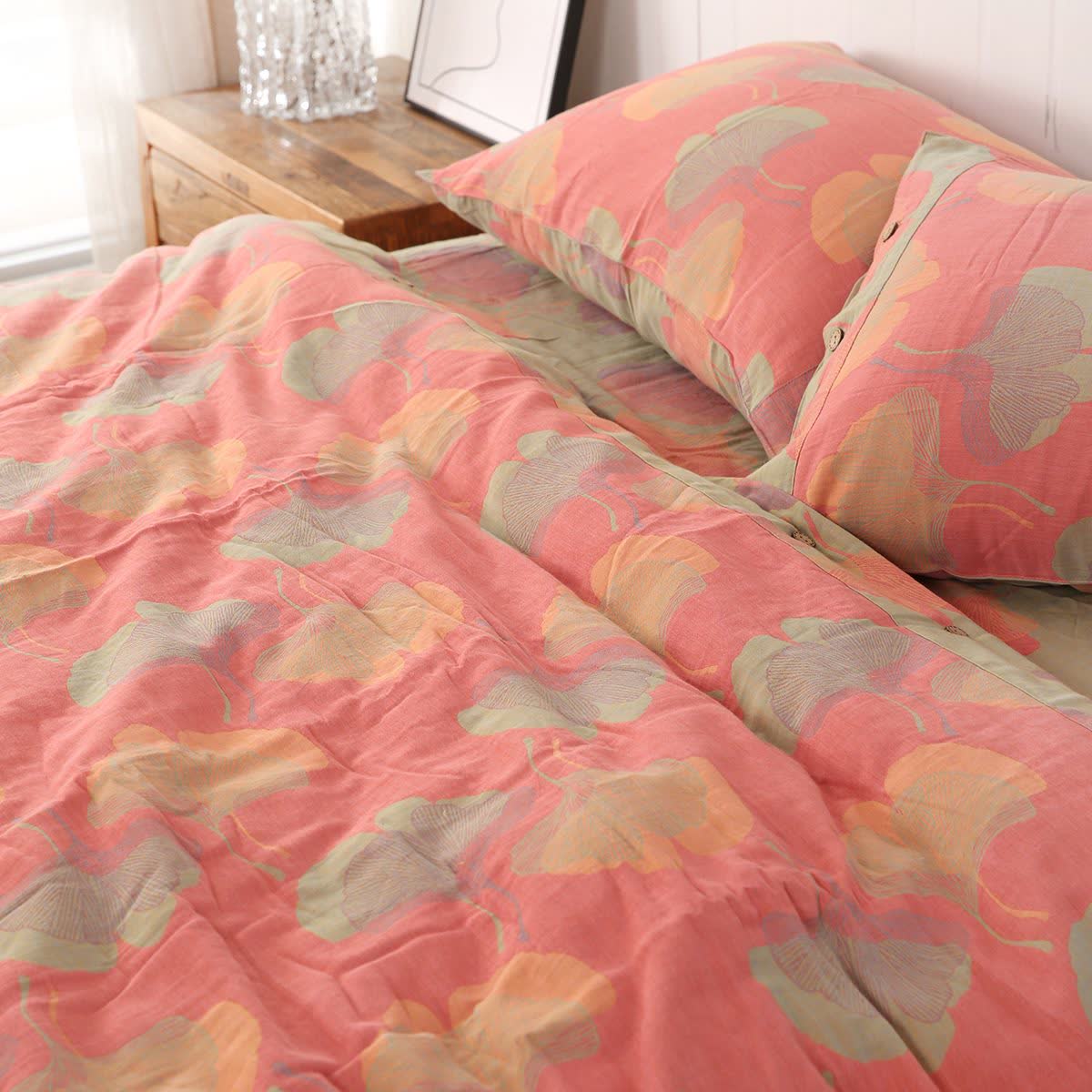 Parure de lit réversible en coton avec feuilles de ginkgo (4 pièces) - Rose - ensemble de literie - 200 cm x 230 cm - image 6