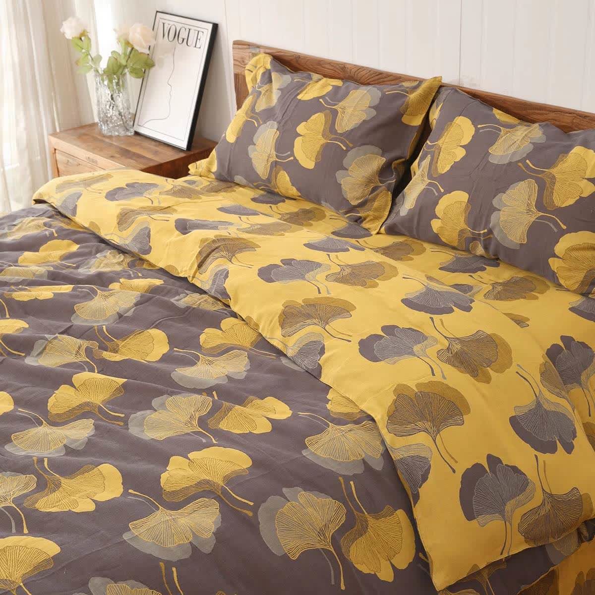 Parure de lit réversible en coton avec feuilles de ginkgo (4 pièces) - Gris - ensemble de literie - 200 cm x 230 cm - image 1