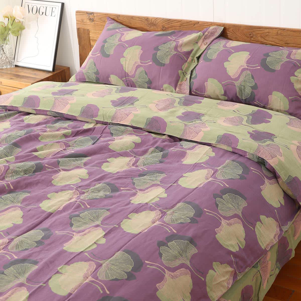 Parure de lit réversible en coton avec feuilles de ginkgo (4 pièces) - violet foncé - ensemble de literie - 200 cm x 230 cm - image 7