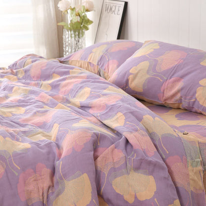 Parure de lit réversible en coton avec feuilles de ginkgo (4 pièces) - Violet clair - ensemble de literie - 200 cm x 230 cm - image 0
