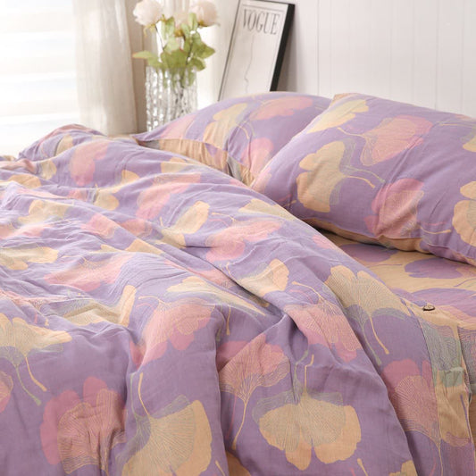 Parure de lit réversible en coton avec feuilles de ginkgo (4 pièces) - Violet clair - ensemble de literie - 200 cm x 230 cm - image 0