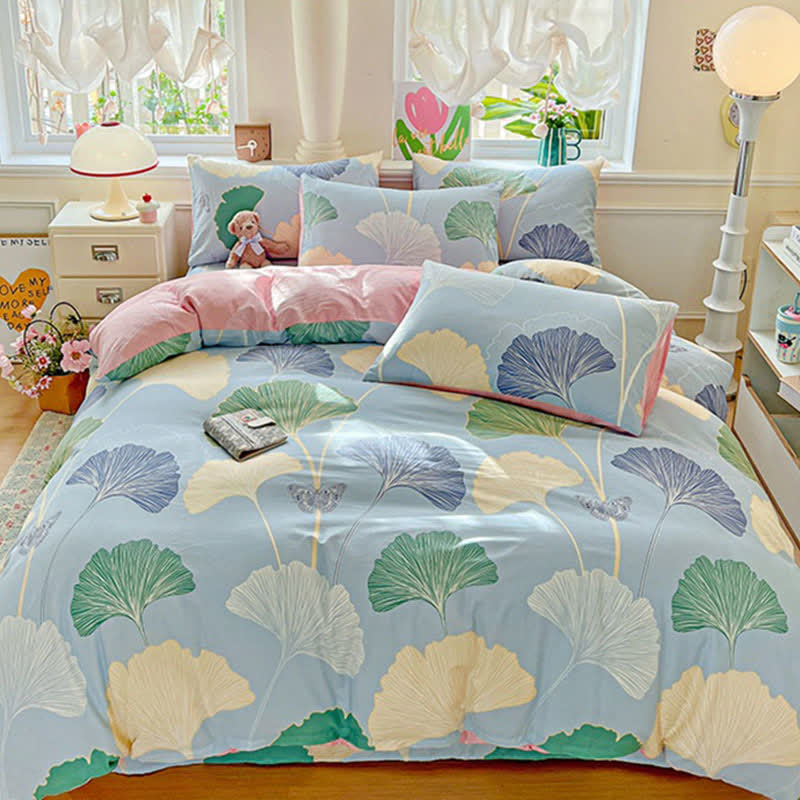 Linge de lit en pur coton avec feuilles de ginkgo fraîches - image 1