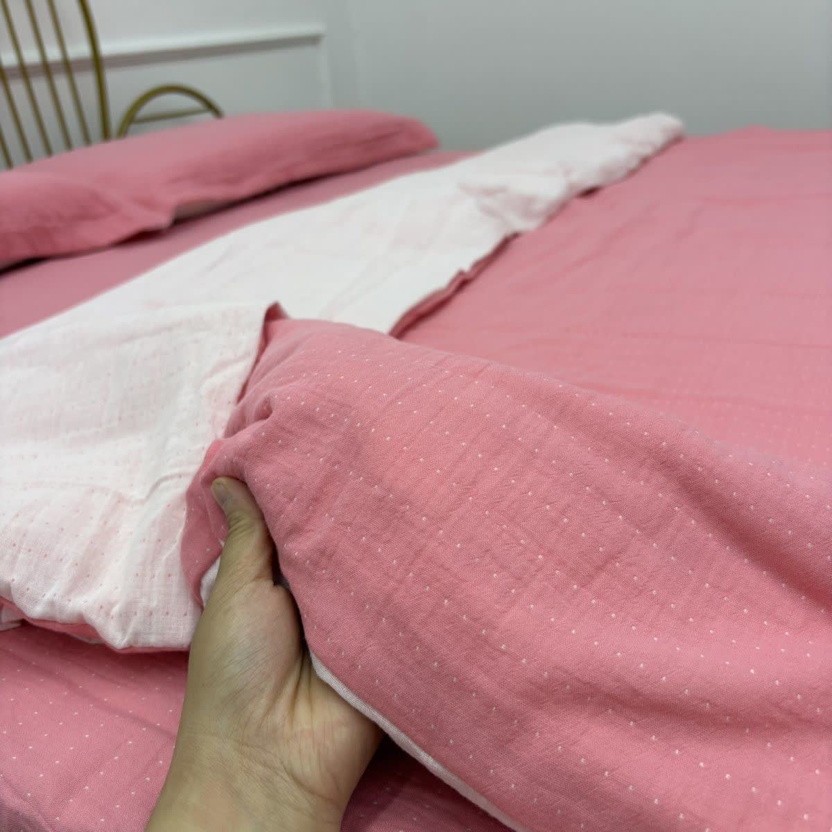 Linge de lit minimaliste réversible en gaze de coton - Rose et blanc - ensemble de literie - 220 cm x 240 cm - image 7