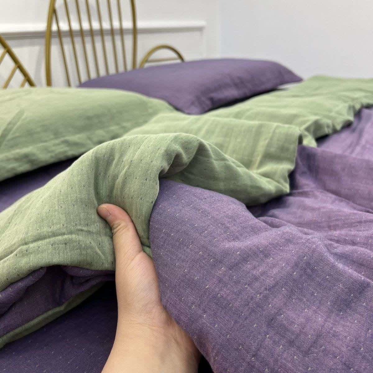 Linge de lit minimaliste réversible en gaze de coton - Violet et vert - ensemble de literie - 220 cm x 240 cm - image 4