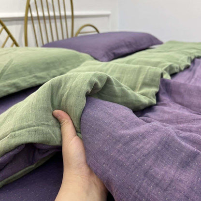Linge de lit minimaliste réversible en gaze de coton - Violet et vert - ensemble de literie - 220 cm x 240 cm - image 4