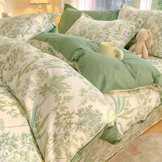 Parure de lit en coton biologique à motif feuilles botaniques (4 pièces) - Ensemble de literie de style drap-housse - 200 cm x 230 cm - image 0