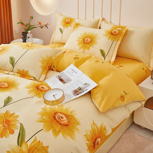 Parure de lit réversible en coton brossé motif tournesol (4 pièces) - 220 cm x 240 cm - image 0