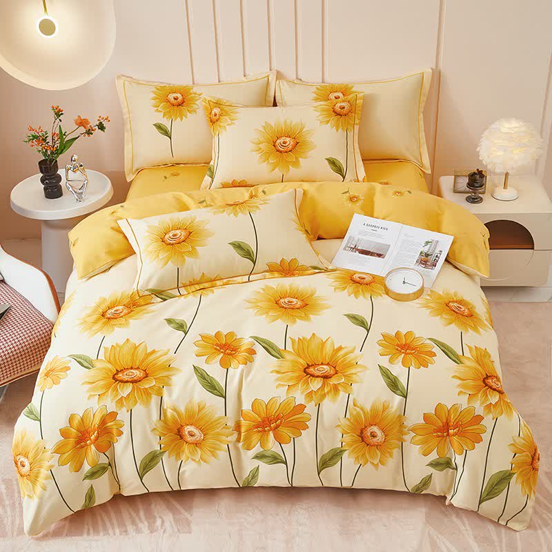 Parure de lit réversible en coton brossé motif tournesol (4 pièces) - image 1