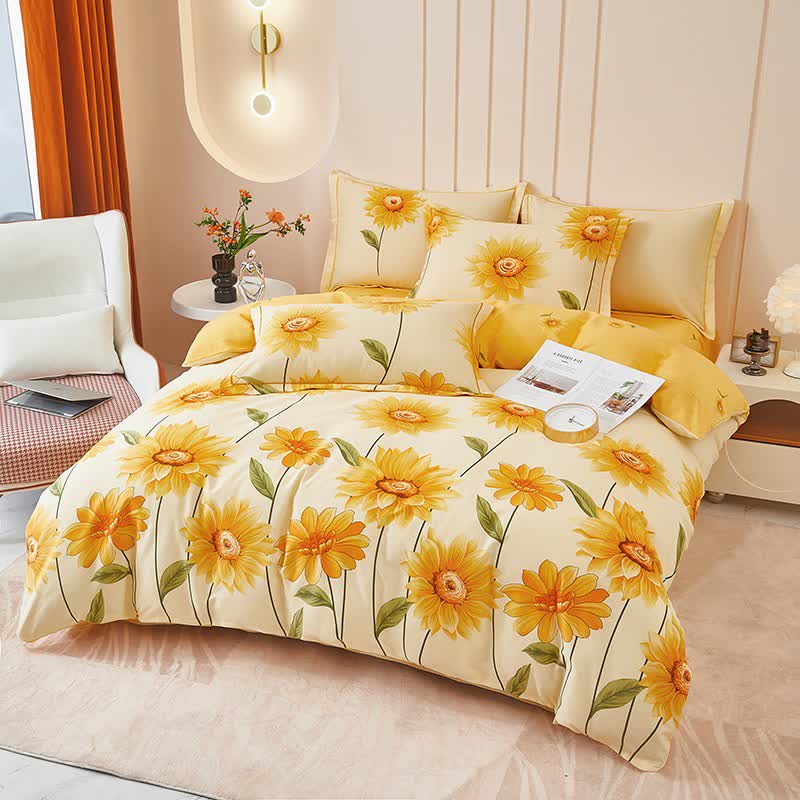 Parure de lit réversible en coton brossé motif tournesol (4 pièces) - image 3