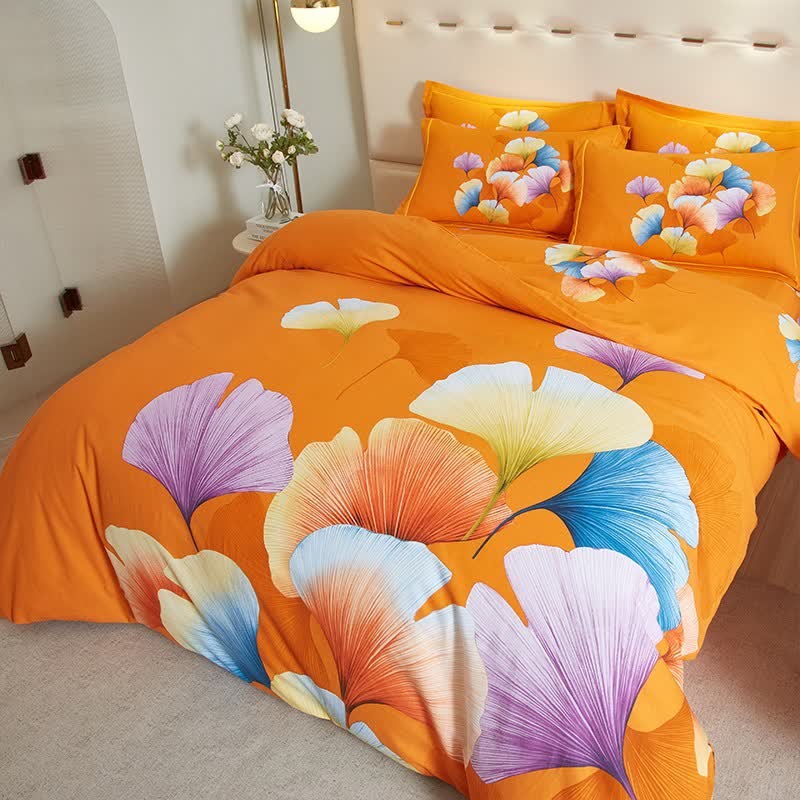 Parure de lit en coton brossé avec feuille de ginkgo orange (4 pièces) - image 2