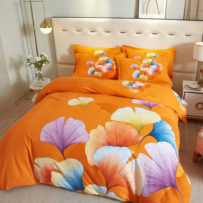 Parure de lit en coton brossé avec feuille de ginkgo orange (4 pièces) - image 1