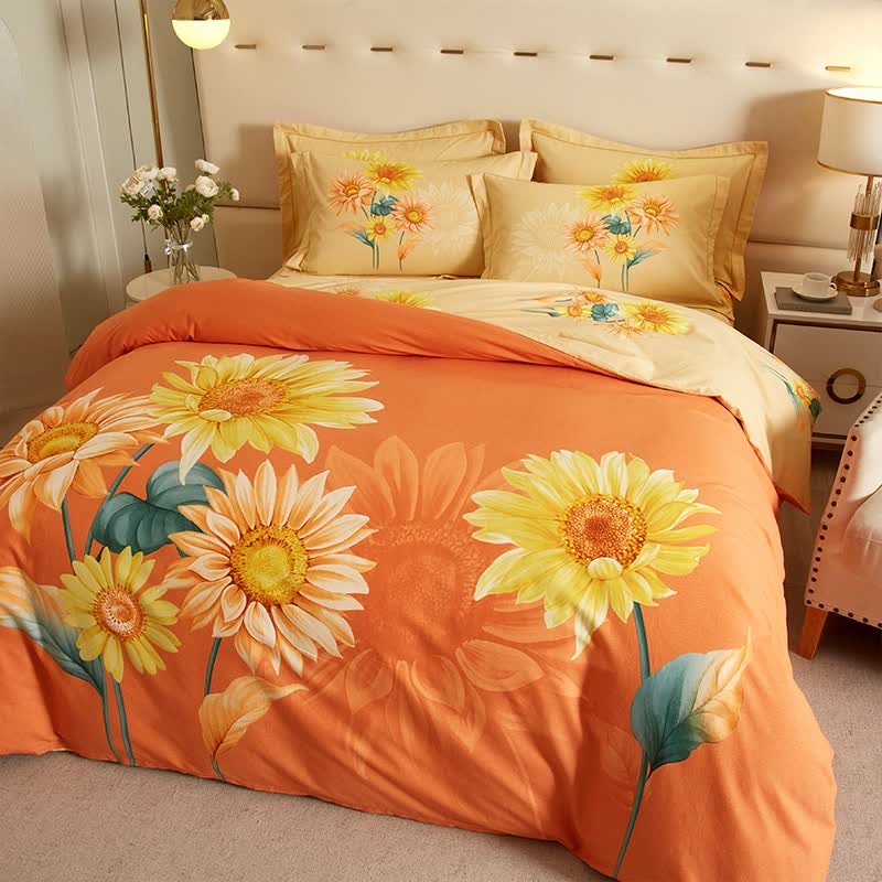 Parure de lit réversible en coton brossé motif tournesol (4 pièces) - image 1