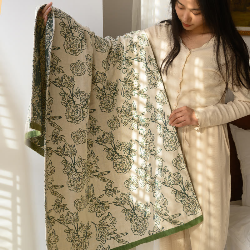 Serviette de bain en gaze de coton à motif jacquard et motif pivoine - image 3