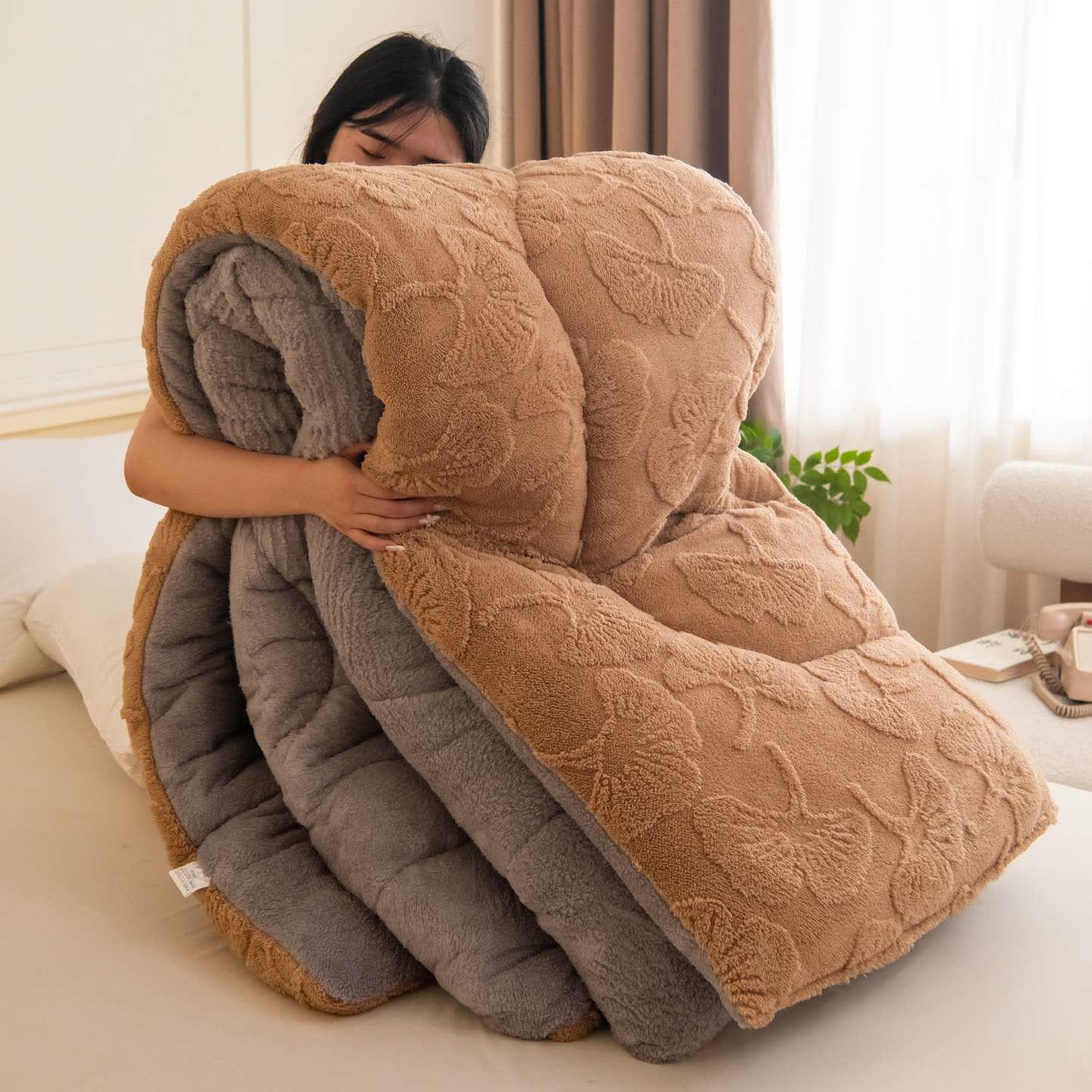 Couverture réversible Jacquard Sherpa avec feuilles de ginkgo - Kaki - 200 cm x 230 cm - image 12