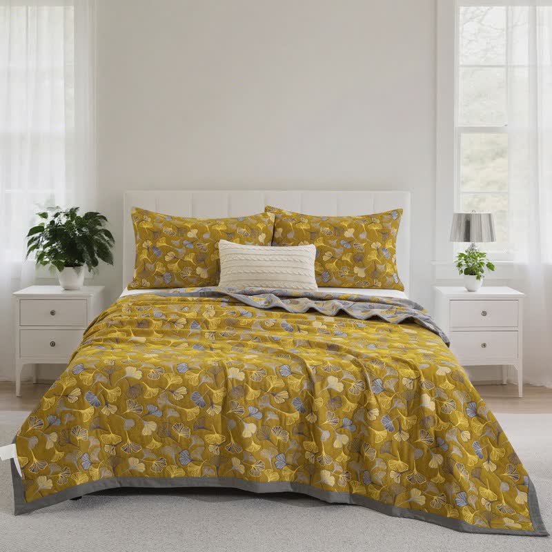Couette en coton biologique avec Ginkgo Biloba - Jaune - Couette avec 2 taies d'oreiller - 244 cm x 264 cm - image 51