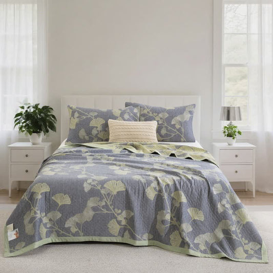 Couverture réversible inspirée du ginkgo en coton naturel - Bleu - Couette avec 2 taies d'oreiller - 244 cm x 264 cm - image 0