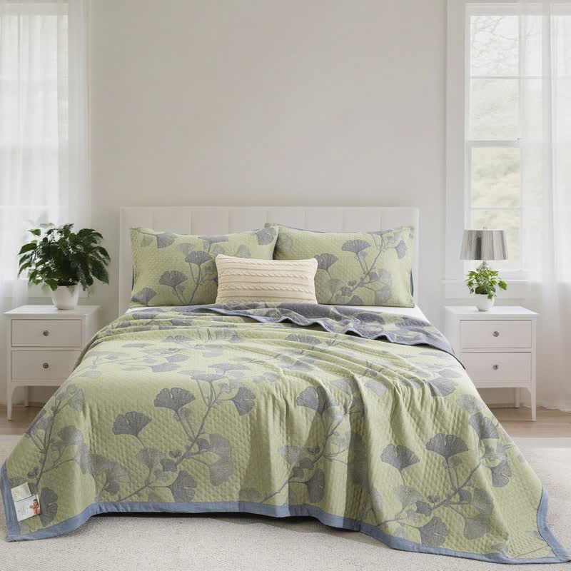 Couverture réversible inspirée du ginkgo en coton naturel - Vert - Couette avec 2 taies d'oreiller - 244 cm x 264 cm - image 12